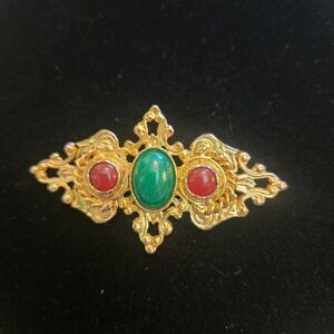 Vintage Fillagree Gold Tone Bar Brooch Pin Red and Green Cabochons